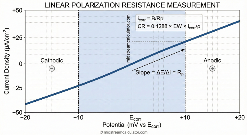 LPR polarization curve showing current vs potential with polarization resistance slope